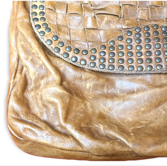 Frye Stacy Woven Studded Convertible Camel Brown Italian Leather Hobo Bag - Picture 3 of 15